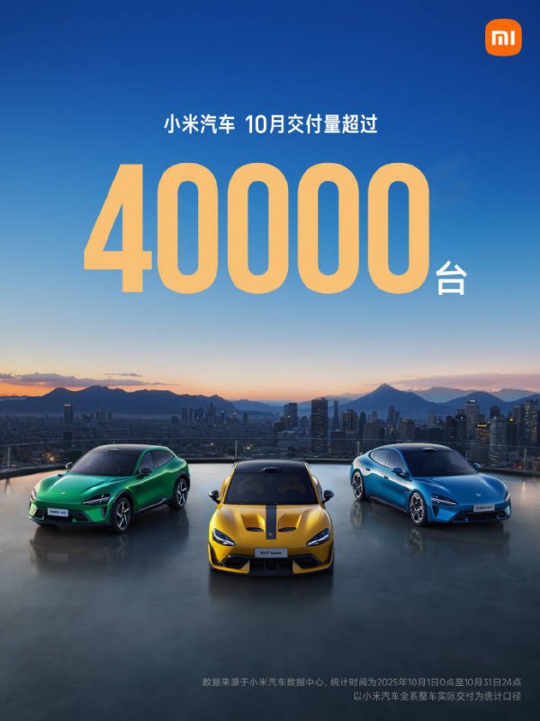 睿迎网 小米汽车：10月交付量持续超过40000台